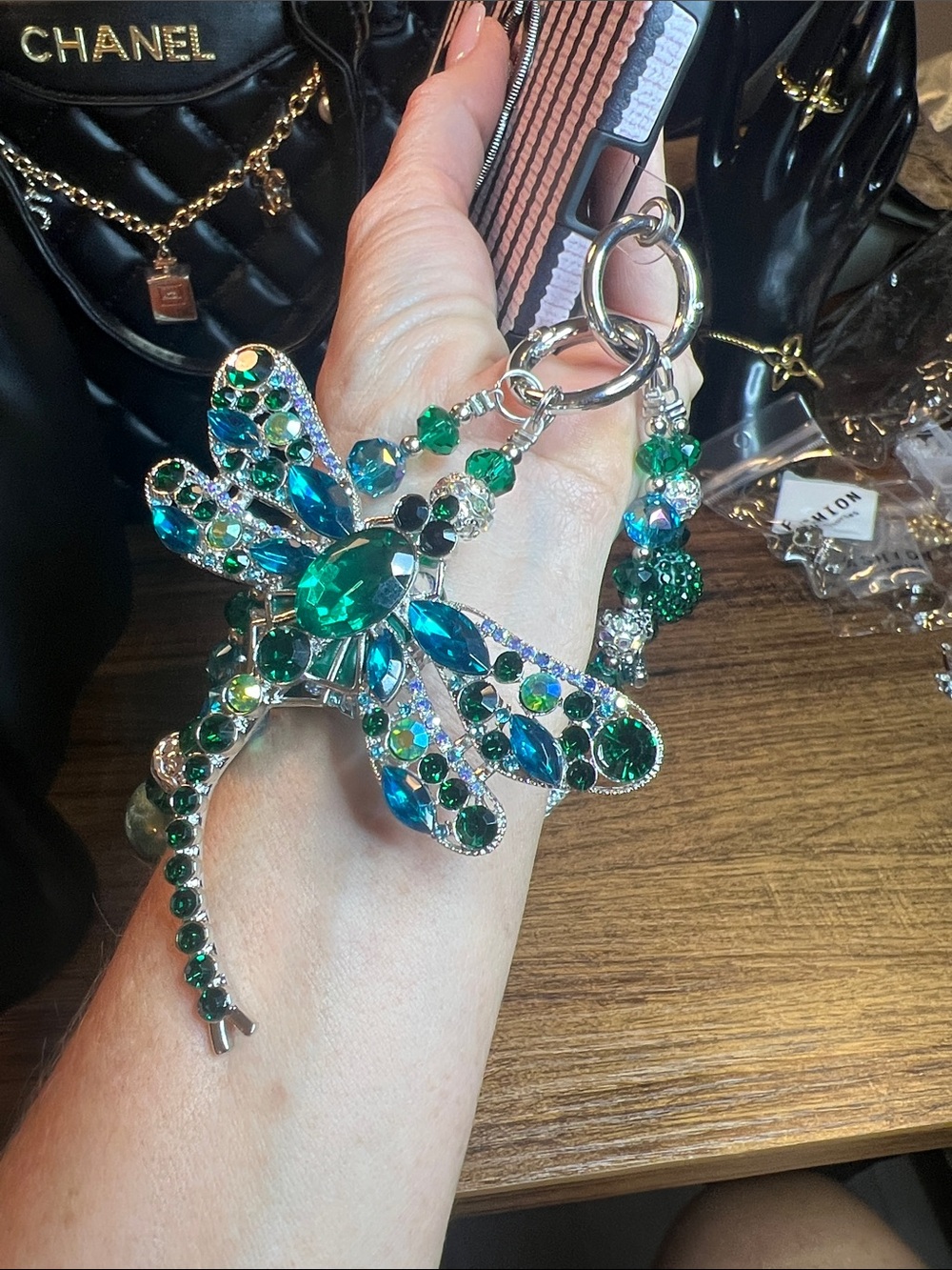 Green Crystal Dragonfly Phone Wristlet Charm